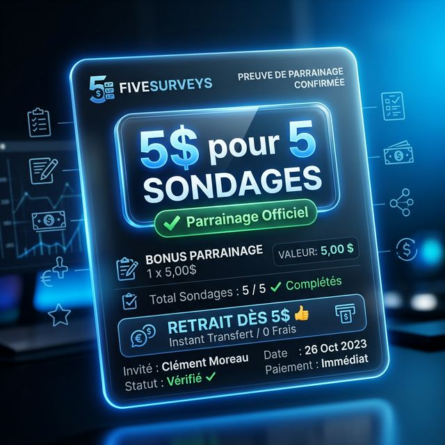 Preuve de parrainage FiveSurveys : 5$ pour 5 sondages, retrait dès 5$ sur PayPal